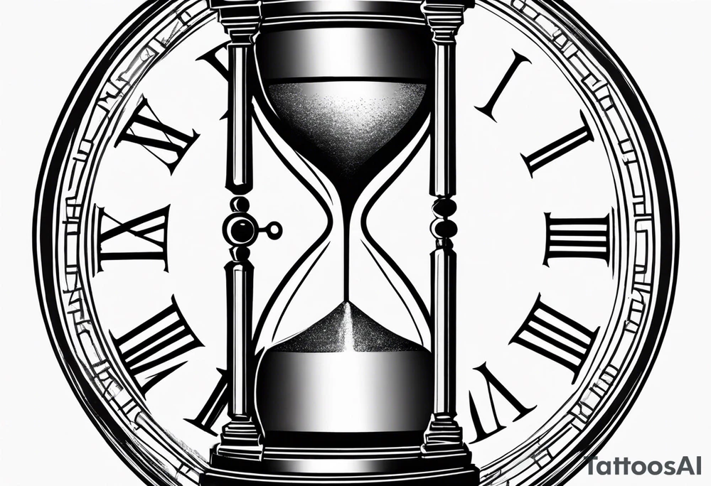 draw a clock/hourglass. They are surrounded by Roman numerals. It is a black and white tattoo for the right shoulder of a man tattoo idea