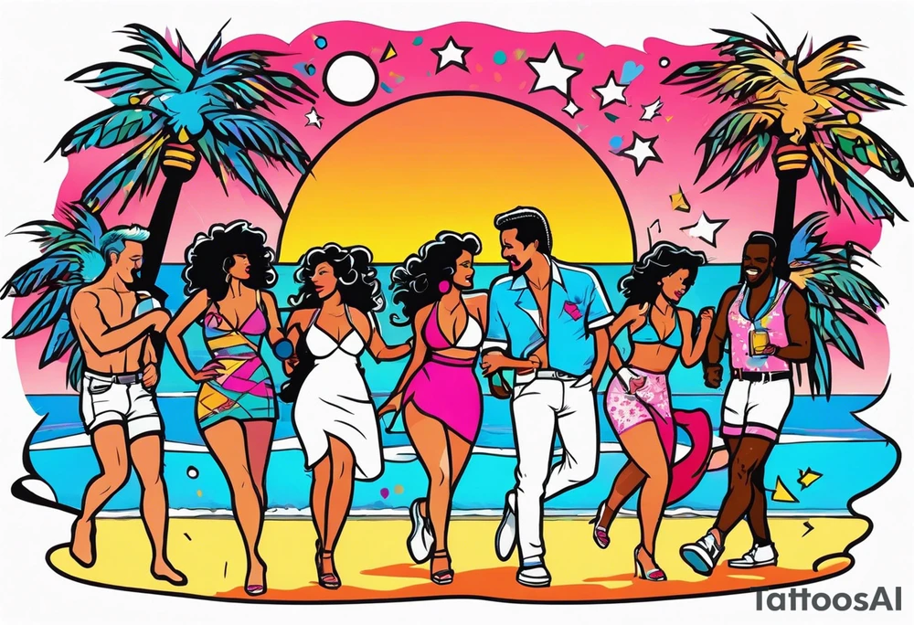 1980's miami vice style beach dance 
party, include confetti, music notes, boom box, bikinis sunset in the center tattoo idea