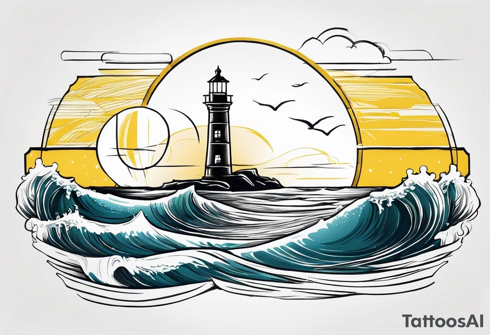 Farol no oceano em mar agitado bem delicado com a luz em amarelo tattoo idea