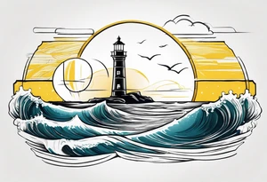 Farol no oceano em mar agitado bem delicado com a luz em amarelo tattoo idea