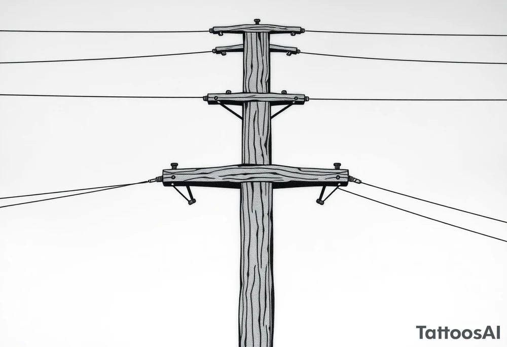 a wooden 12kv distribution pole with electrical lines. Make the pole a cross that has a hidden resemblance to god. tattoo idea