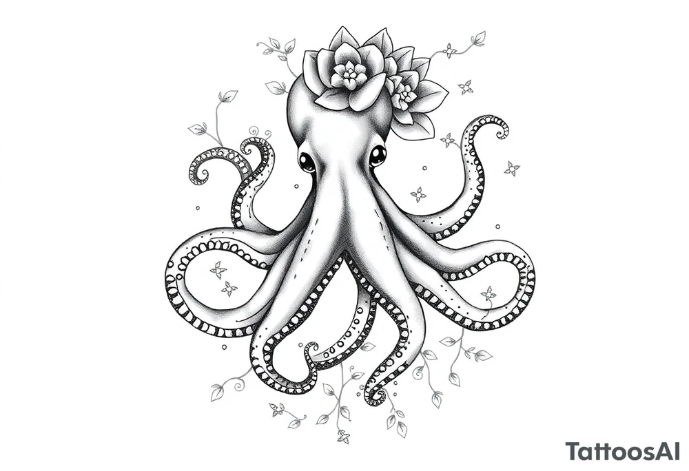realistic octopus, detailed linework, intricate, black-and-grey shading, surrounded by floral ornaments, intertwining tentacles, thin black swirling lines, semi-transparent brown leaves, dotwork, ornamental flourishes, radiating design, fine-line style, minimalistic, organic flow, feminine, artistic, slightly surreal, seamless composition, marine botanical fusion, lifelike texture, graceful rhythm, smooth shading, soft leaves wrapping, blooming shoulder flower, outward radiating pattern, vine tentacle flow, integrated sea creature, botanical octopus curved body placement, natural organic movement tattoo idea