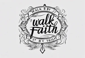 “walk by faith, not by sight” with an elegant script font. Integrate a subtle stairwell wrapping around the quote. This design captures the essence of the journey guided by faith. tattoo idea