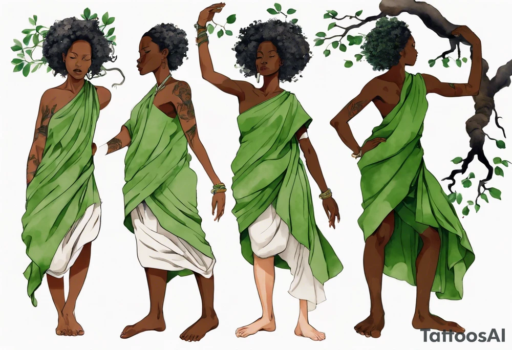 a tree trunk with roots that is a black woman from the waist up, feet made of tree roots, wearing a green tunic, arms reaching upward tattoo idea
