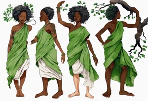 a tree trunk with roots that is a black woman from the waist up, feet made of tree roots, wearing a green tunic, arms reaching upward tattoo idea