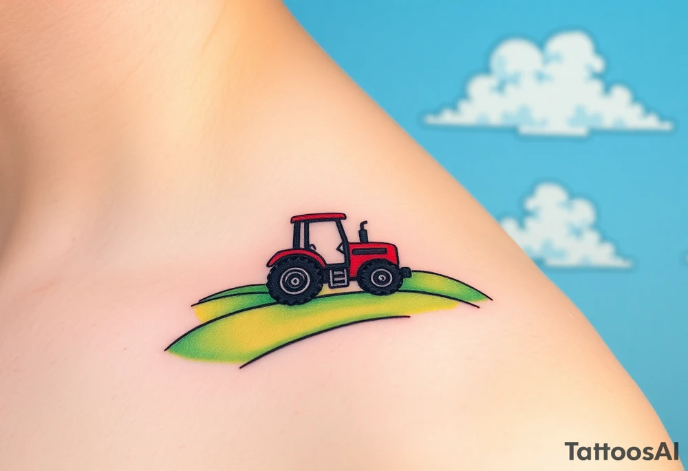 A tractor surrounded by rolling green hills, under a bright blue sky with white fluffy clouds tattoo idea