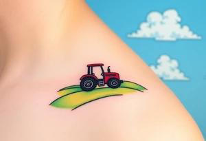 A tractor surrounded by rolling green hills, under a bright blue sky with white fluffy clouds tattoo idea