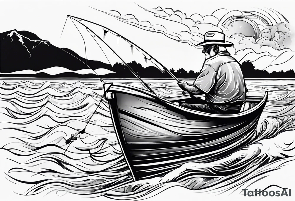 Old man fishing on boat tattoo idea