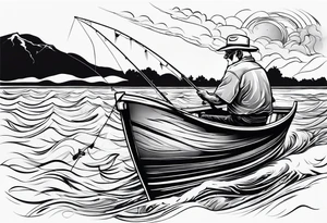Old man fishing on boat tattoo idea