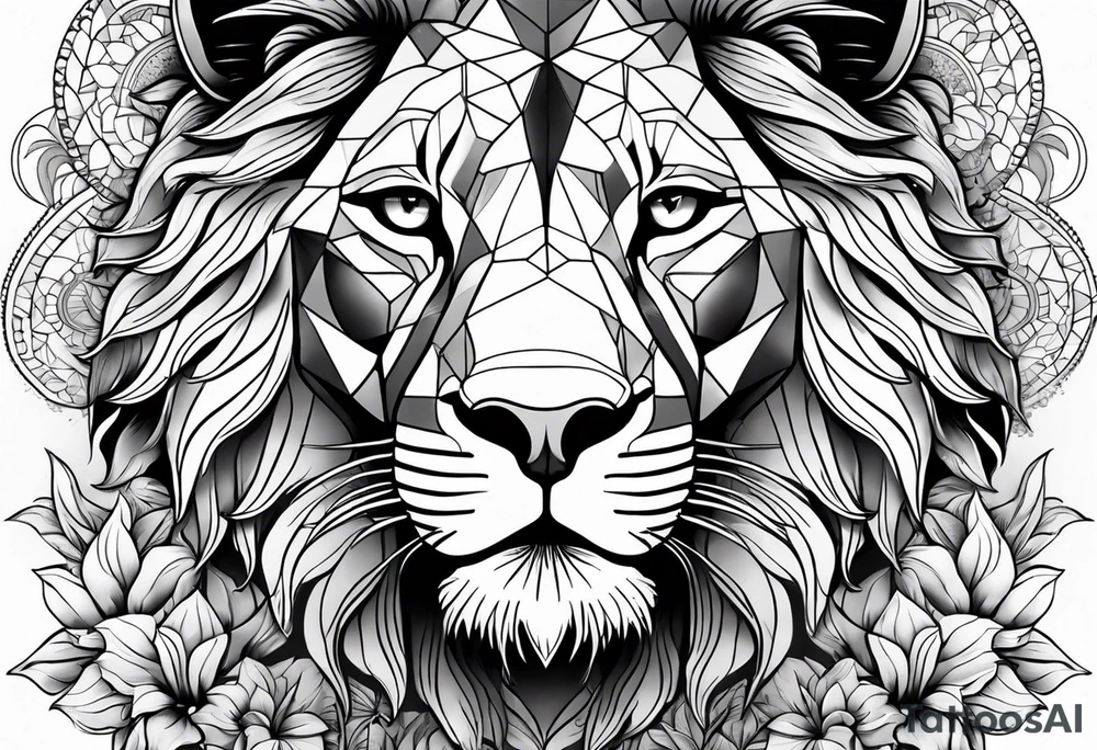 Female lion with half of face covered by sunflowers tattoo idea