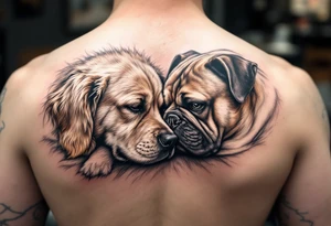 a golden retriever and an English bulldog, lying besides each other, head to head, foreheads touching, side view tattoo idea