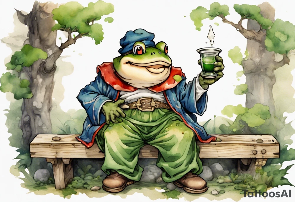 Toad from super mario with a long moss beard wearing a medieval tunic drinking from a wood cup, sitting on a bench laughing tattoo idea