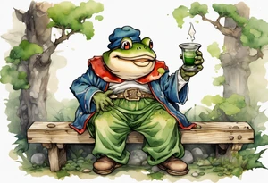 Toad from super mario with a long moss beard wearing a medieval tunic drinking from a wood cup, sitting on a bench laughing tattoo idea