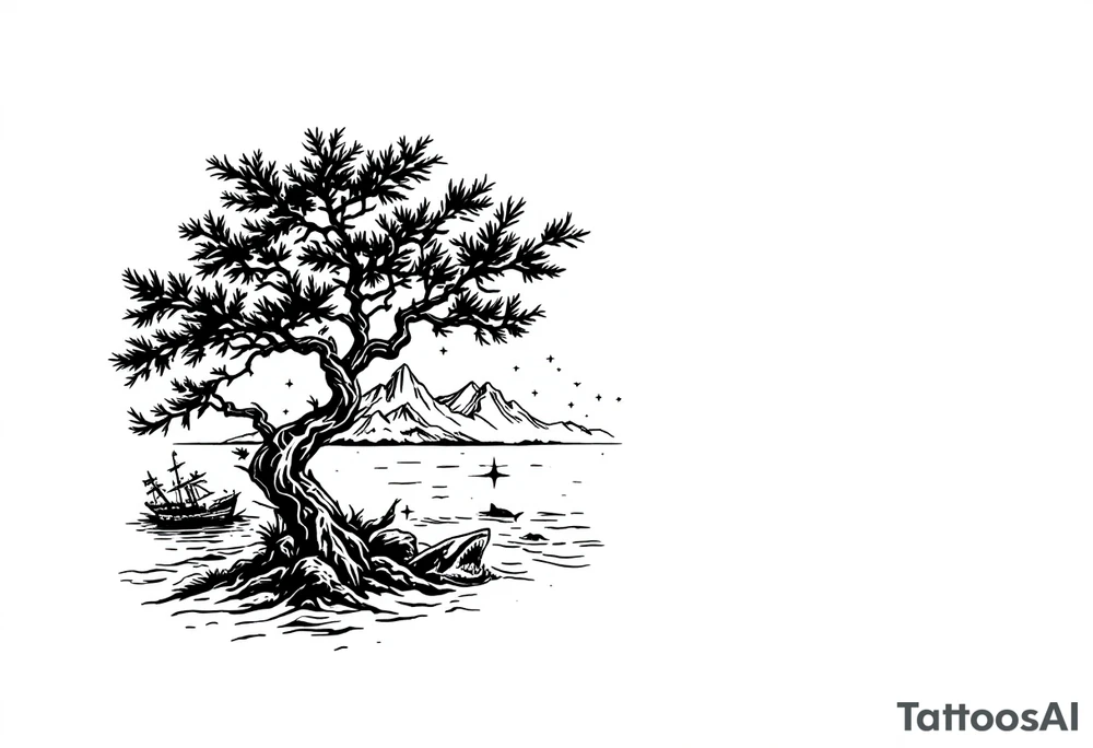 tattoo that has an acacia tree with mountains, ocean with a ship wreck with sharks and the northern star tattoo idea
