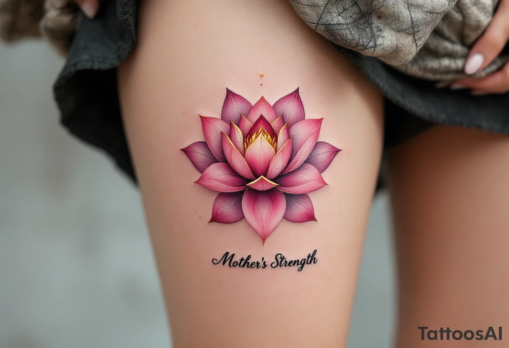 A pink lotus flower with gold highlights and the words “Mother’s Strength” in cursive below. tattoo idea
