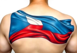 A waving Czech flag with a realistic fabric texture, with blue, red, and white colors flowing dynamically in the wind. tattoo idea