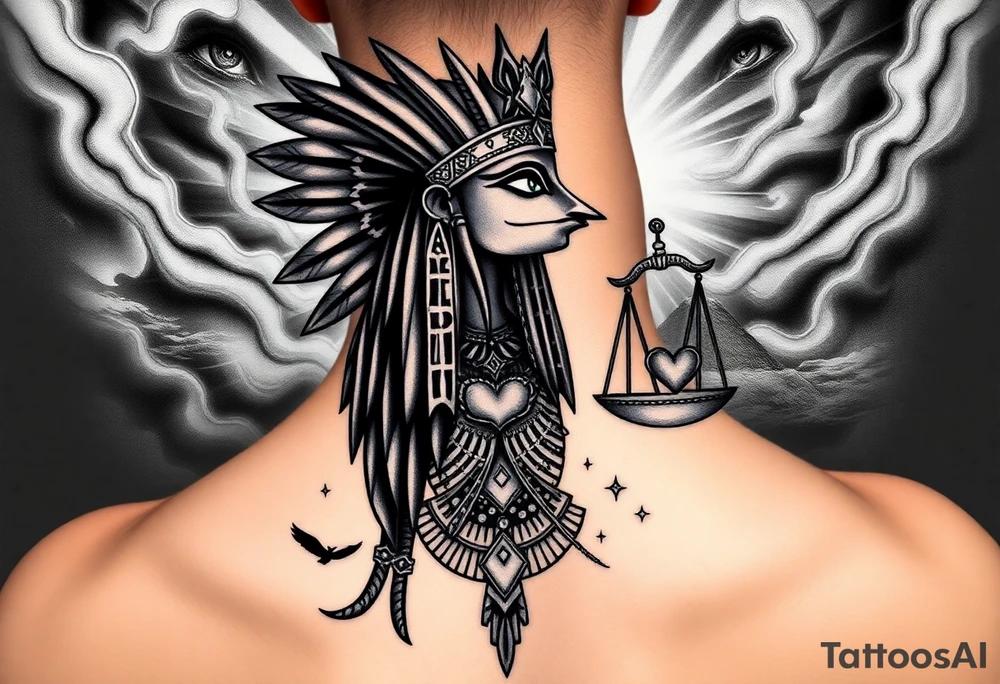 “Super realistic black and grey tattoo of the Egyptian goddess Ma’at, depicted as a regal woman with an ostrich feather headdress, intense glowing eyes, and intricate ancient Egyptian jewelry. She stands or floats amidst swirling cosmic energy and beams of light, with subtle hieroglyphics and pyramids in the background. Incorporate the Scales of Justice—one side holding a heart, the other Ma’at’s feather—glowing with ethereal energy. Emphasize dramatic lighting, deep shadows, and surreal, mystical atmosphere to match a sleeve with Anubis and cosmic motifs. Design should flow with existing sleeve art, using soft transitions and layered textures. tattoo idea