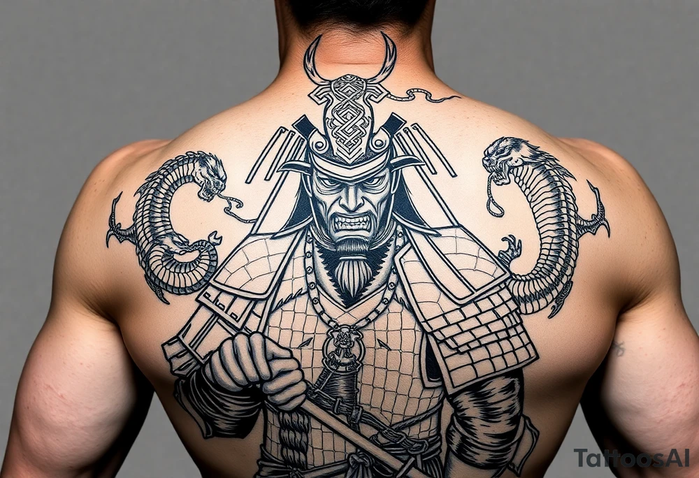 Japanese samurai warrior with armor and katana sword, fierce expression, traditional helmet, Japanese dragon wrapped around, black and grey ink tattoo style, ornamental linework, sketch-style shading, designed for forearm tattoo with full sleeve expansion tattoo idea