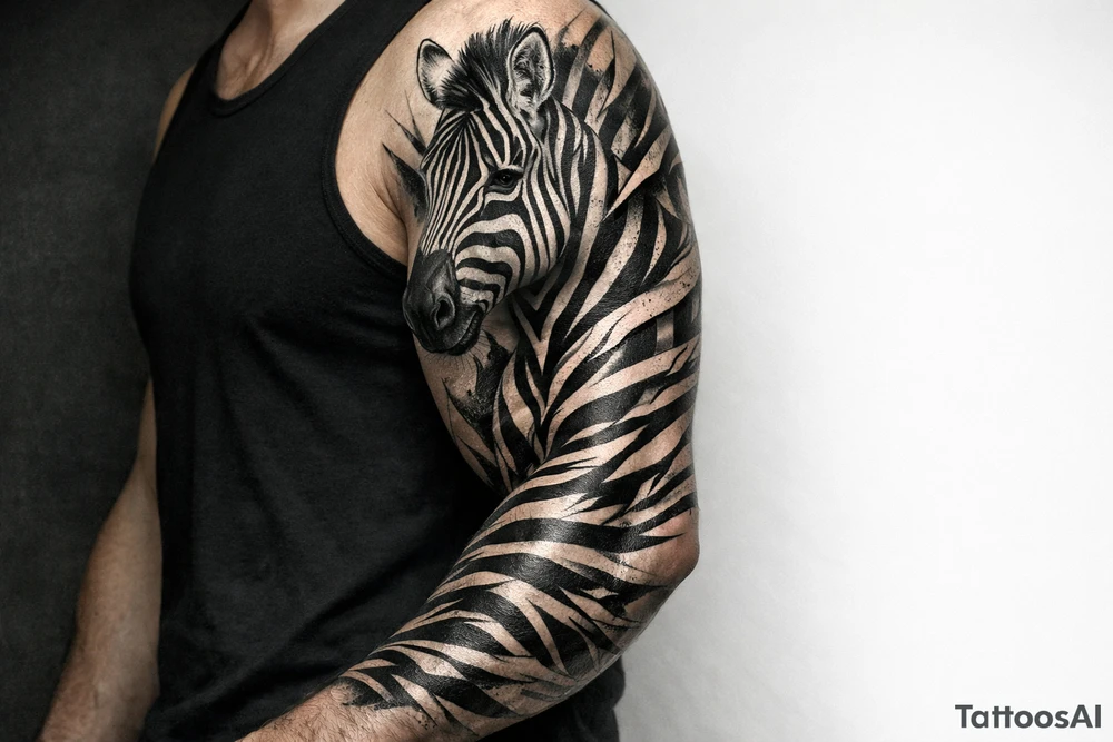 Realistic zebra head emerging from chest, stripes flowing onto arm. tattoo idea