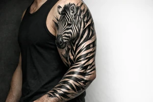 Realistic zebra head emerging from chest, stripes flowing onto arm. tattoo idea