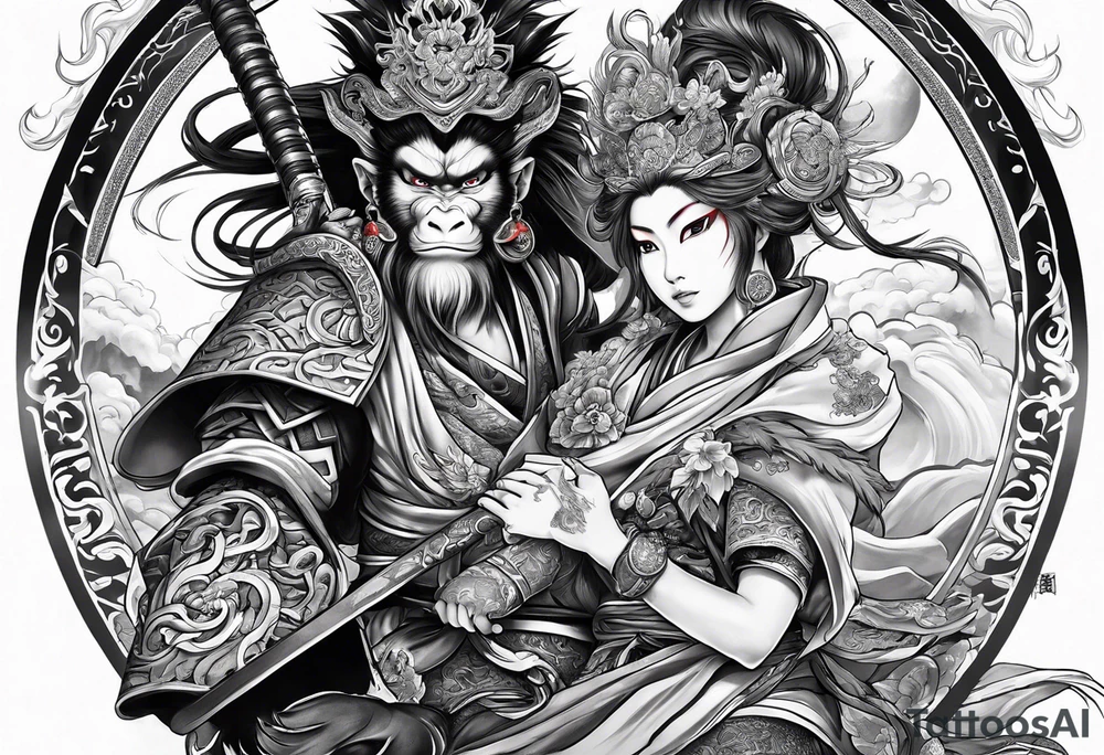create a full arm sleeve tattoo containing a combination of the following; the monkey king with weapon, a japanese dragon, and
 shrouded mother holding a baby tattoo idea