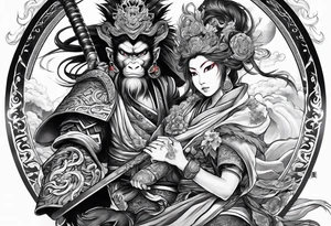 create a full arm sleeve tattoo containing a combination of the following; the monkey king with weapon, a japanese dragon, and
 shrouded mother holding a baby tattoo idea