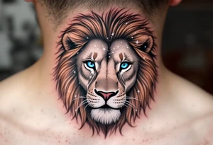 A blue-eyed lion in grayscale has the vivid Leo star constellation etched into its mane using white ink. tattoo idea