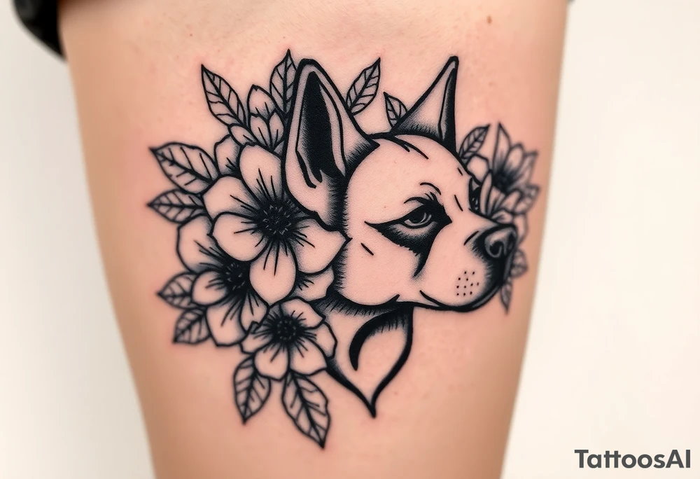 Floral design with peonies with an silhouette outline of a dogs face tattoo idea