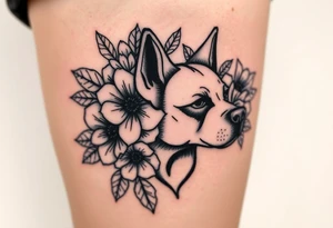 Floral design with peonies with an silhouette outline of a dogs face tattoo idea