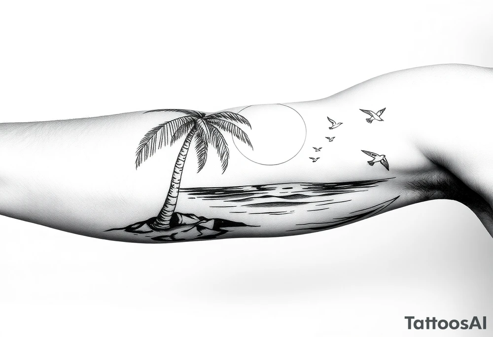palm tree, sun, beach, birds tattoo idea