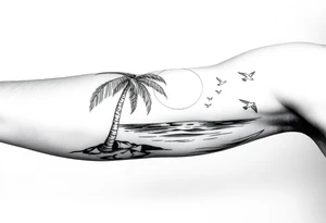 palm tree, sun, beach, birds tattoo idea