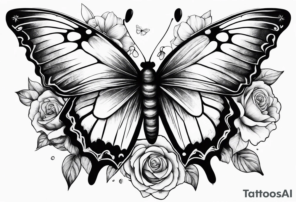 Sexy Skelton  sleeve with butterflies and flowers tattoo idea