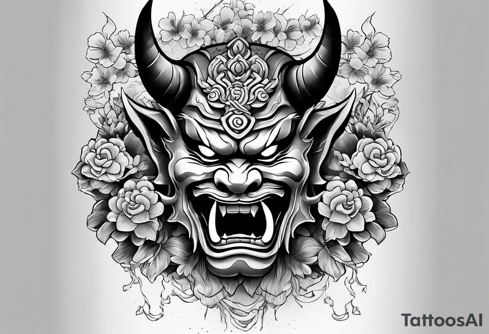 Oni mask with a background of Japanese temples and cherry blossoms tattoo idea