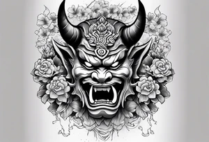 Oni mask with a background of Japanese temples and cherry blossoms tattoo idea