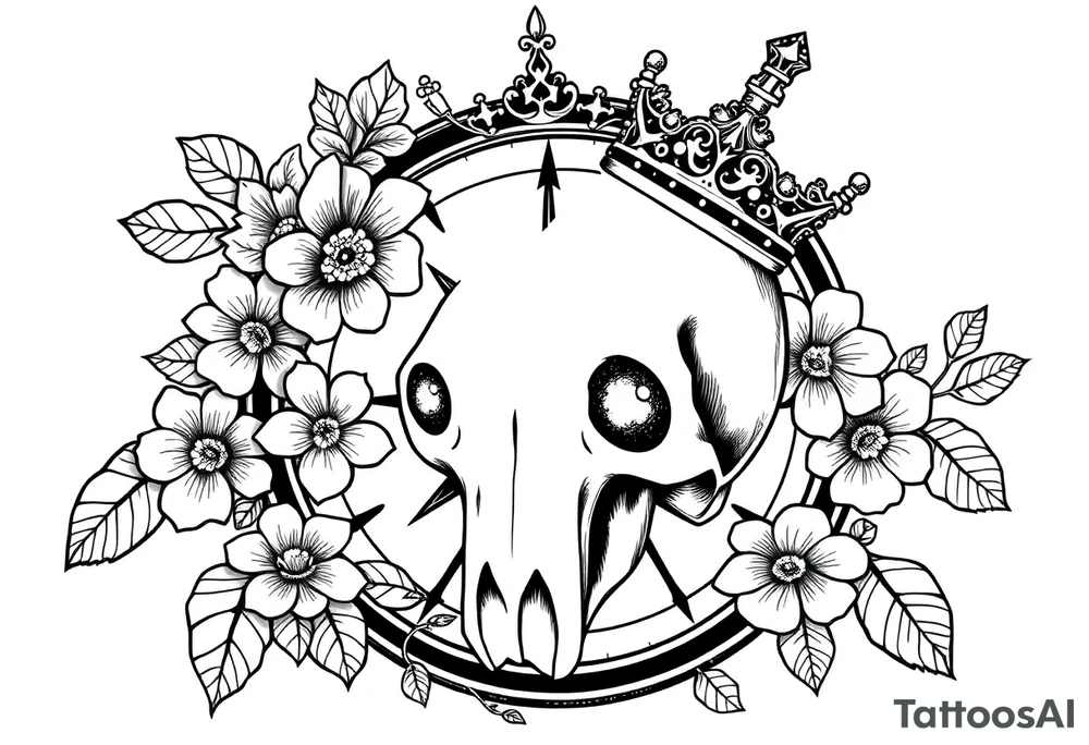 Compass with detailed beautiful gothic boho flowers on vine and skull with gorgeous crown tattoo idea