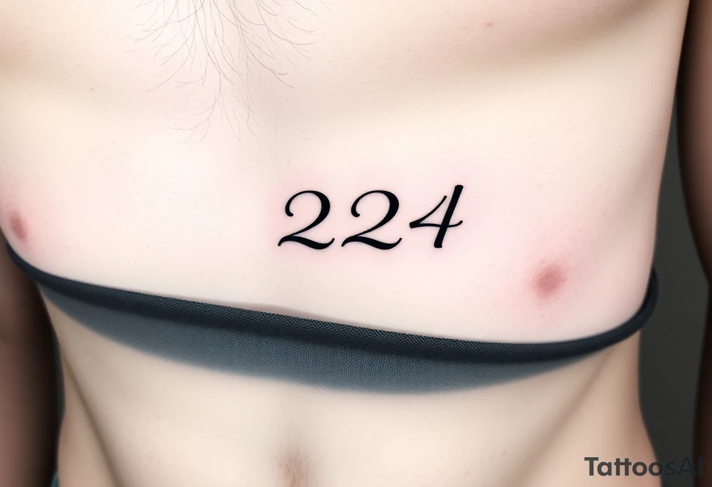 224 tattoo on ribcage under chest left side an elegant handwritten calligraphy style. The digits are slightly italicized with a smooth flowing script. The lines are clean, refined, and slightly bold at the base, giving a subtle brush-pen effect. tattoo idea
