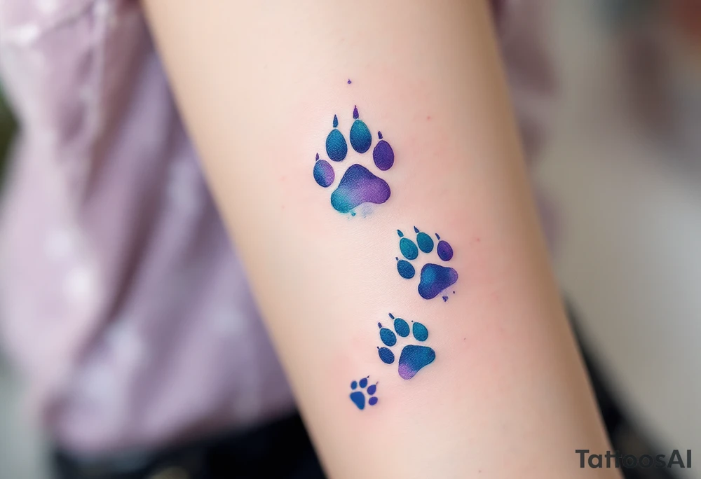 Watercolor Paw Trail – Soft, flowing paw prints in watercolor shades of lavender, teal, and sky blue fading into one another, symbolizing a free-spirited feline soul. tattoo idea