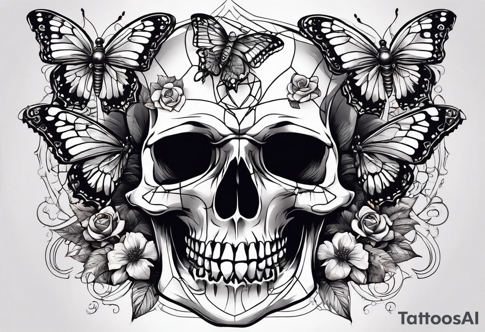 Skull tattoo with large scorpions and butterflies tattoo idea