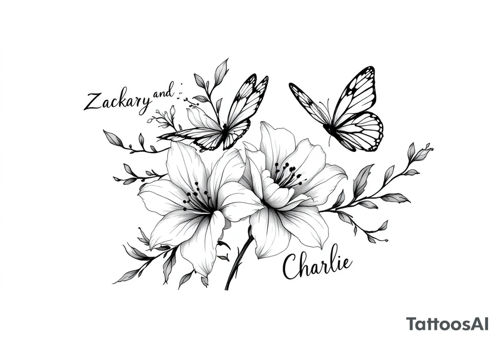A delicate and highly detailed tattoo design featuring elegant flowers and two butterflies, symbolizing family, love, and the bond between a mother and her children. The flowers, such as lilies or peonies, represent protection, beauty, and unconditional love. Two butterflies gracefully flying around the flowers symbolize the children, Zackary and Charlie, representing their growth and freedom. Their names should be subtly integrated into the design, either along the stems of the flowers, within the butterfly wings, or in an elegant script flowing naturally with the composition. The tattoo should have a soft, flowing aesthetic with fine details, subtle shading, and a harmonious balance between nature and symbolism. The style can be fine line, realistic, or watercolor for a timeless and meaningful look. tattoo idea