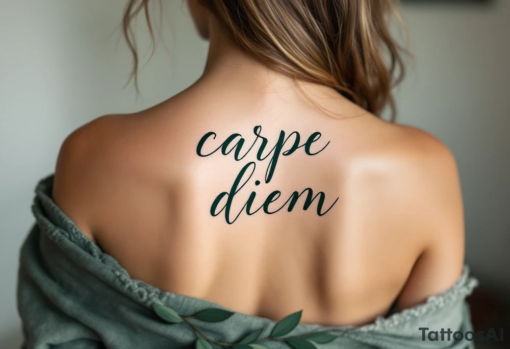 Elegant script "carpe diem" in deep forest green, framed by a wreath of olive branches. tattoo idea