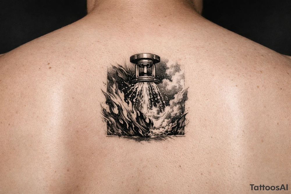 Fire Sprinkler putting out a fire on forearm tattoo idea