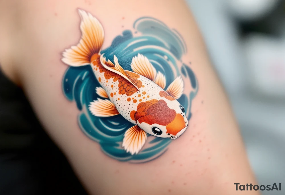 Speckled Orange Koi with Ripples – A playful koi with mottled orange and white patterns, creating soft ripples in a calm blue pond. tattoo idea