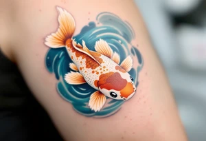 Speckled Orange Koi with Ripples – A playful koi with mottled orange and white patterns, creating soft ripples in a calm blue pond. tattoo idea