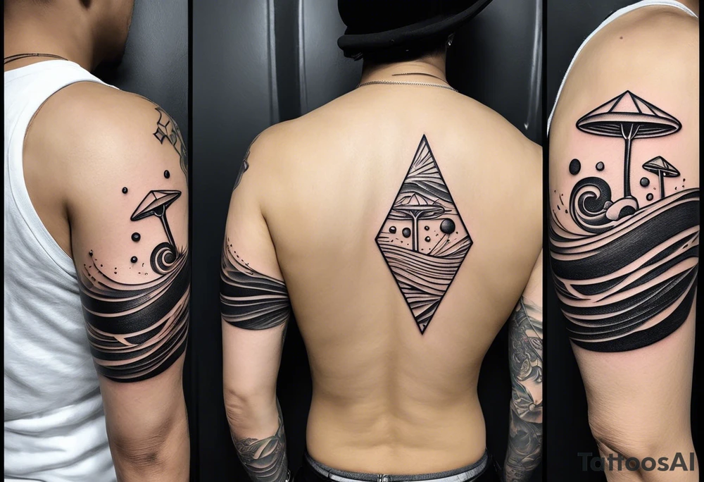 a simple line of icons down the back of the arm. there are four icons in this order:

1. a music note on a staff
2. a wave of water
3. a pocket
4. mushroom tattoo idea