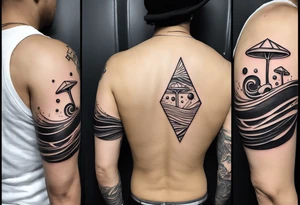 a simple line of icons down the back of the arm. there are four icons in this order:

1. a music note on a staff
2. a wave of water
3. a pocket
4. mushroom tattoo idea