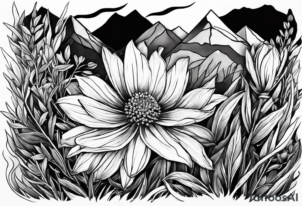 straight line - wildflower in watercolor represents overcoming challenges & strength - mountains, waves with a little sunshine tattoo idea
