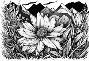 straight line - wildflower in watercolor represents overcoming challenges & strength - mountains, waves with a little sunshine tattoo idea