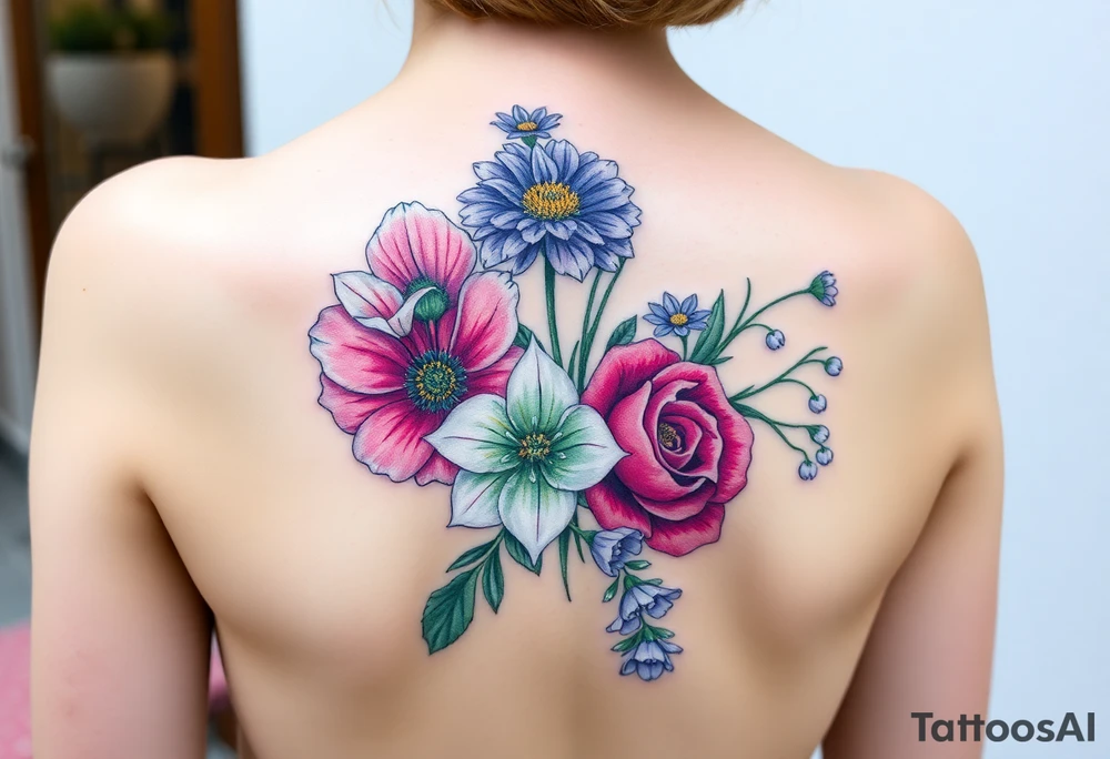 Carnation, Aster,Rose, Lily of the valley, Larkspur, watercolor flowers, middle of back clump together tattoo idea