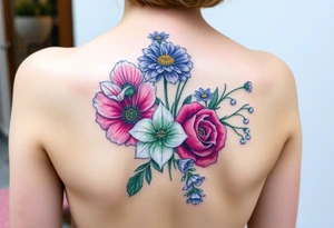 Carnation, Aster,Rose, Lily of the valley, Larkspur, watercolor flowers, middle of back clump together tattoo idea