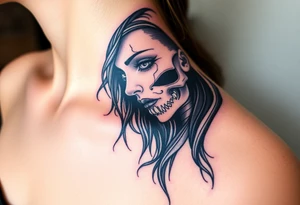 A chilling Hel, the half-dead Norse goddess of the underworld, her face split between lifelike beauty and skeletal darkness, draped in a tattered black cloak tattoo idea